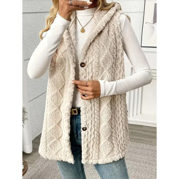 NWT Womens Hooded Plush Vest With Buttons Sleeveless  Outerwear S-XXL Sizes - Picture 4 of 4